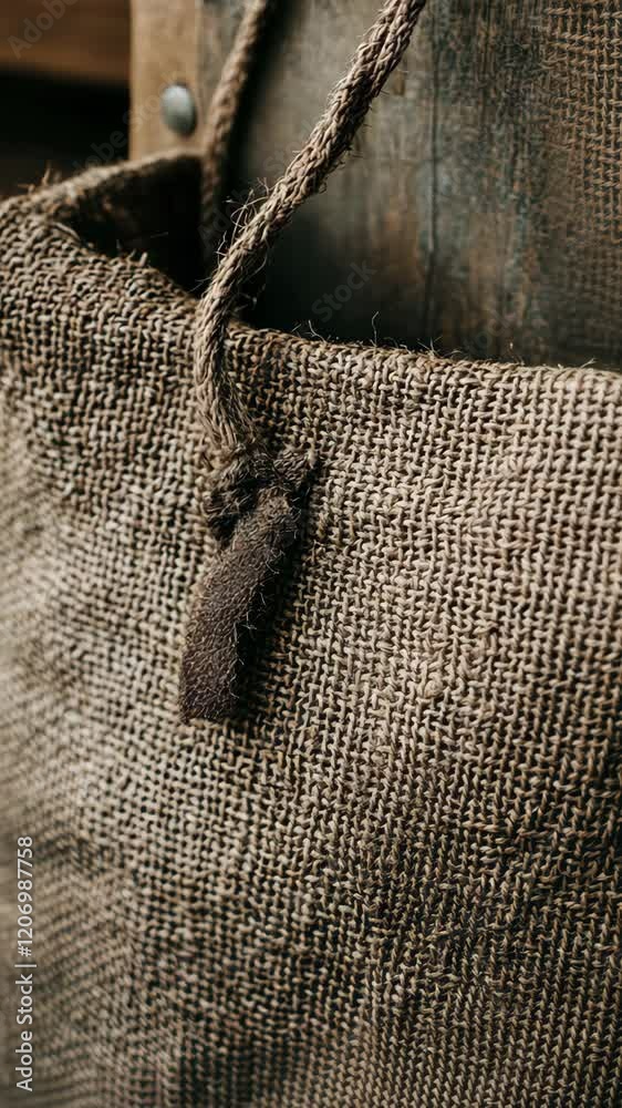 Close-up of a rustic burlap sack hanging in a wooden environment showcasing its texture and natural fibers Close-up of a rustic burlap sack hanging in a wooden environment showcasing its texture and natural fibers