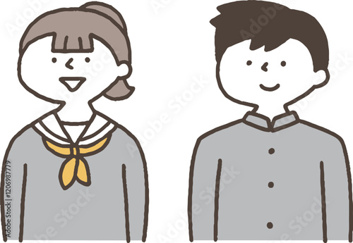正面を向く笑顔の学生服の男女単色