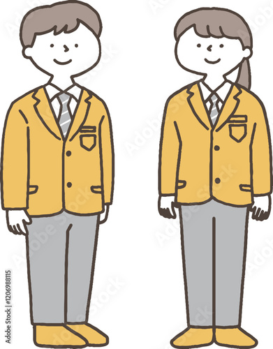 男女共用の制服を着る学生の男女単色