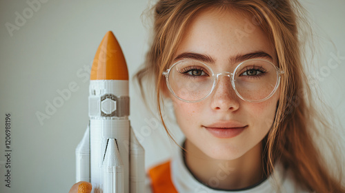 a girl with glasses holding a rocket and a rocket photo