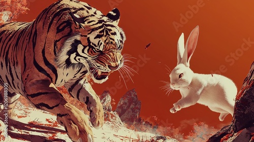 Intense Chase Between a Tiger and a White Rabbit in a Fiery Landscape photo