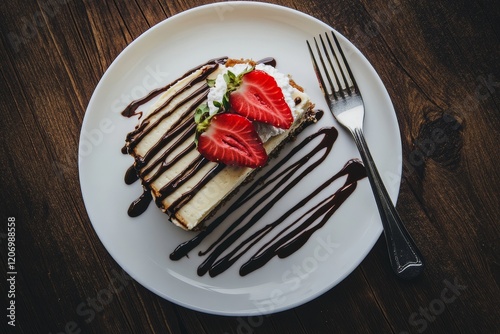 Creamy cheesecake slice with chocolate sauce and strawberries. photo