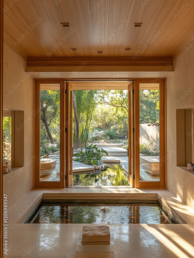 Fototapeta premium Luxurious indoor spa with tranquil garden view