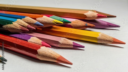 Close-up of scattered colorful pencils on white surface photo