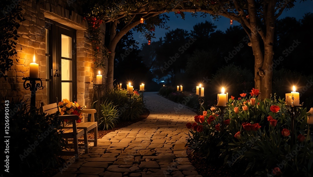 night in the city . A candlelit garden path at night, with a stone building on the left and a dark backdrop.