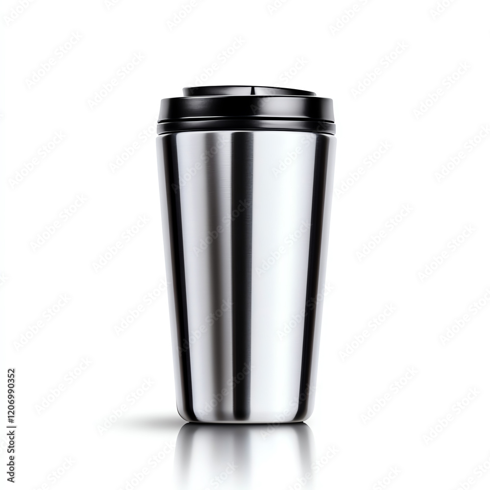 A sleek stainless steel travel mug, perfect for keeping beverages hot or cold on the go, with a stylish contemporary design. A sleek stainless steel travel mug, perfect for keeping beverages hot or cold on the go, with a stylish contemporary design.