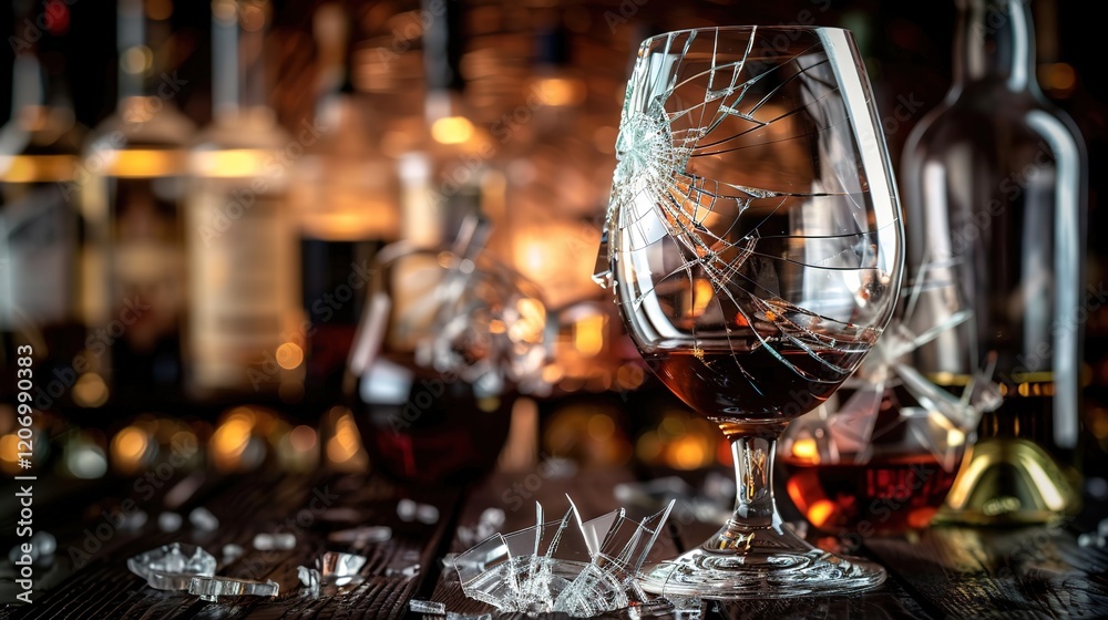Close-up of a shattered wine glass on a dark wooden table, symbolizing the dangers of excessive drinking and alcohol abuse, with a focus on broken glass and safety concerns. Close-up of a shattered wine glass on a dark wooden table, symbolizing the dangers of excessive drinking and alcohol abuse, with a focus on broken glass and safety concerns.