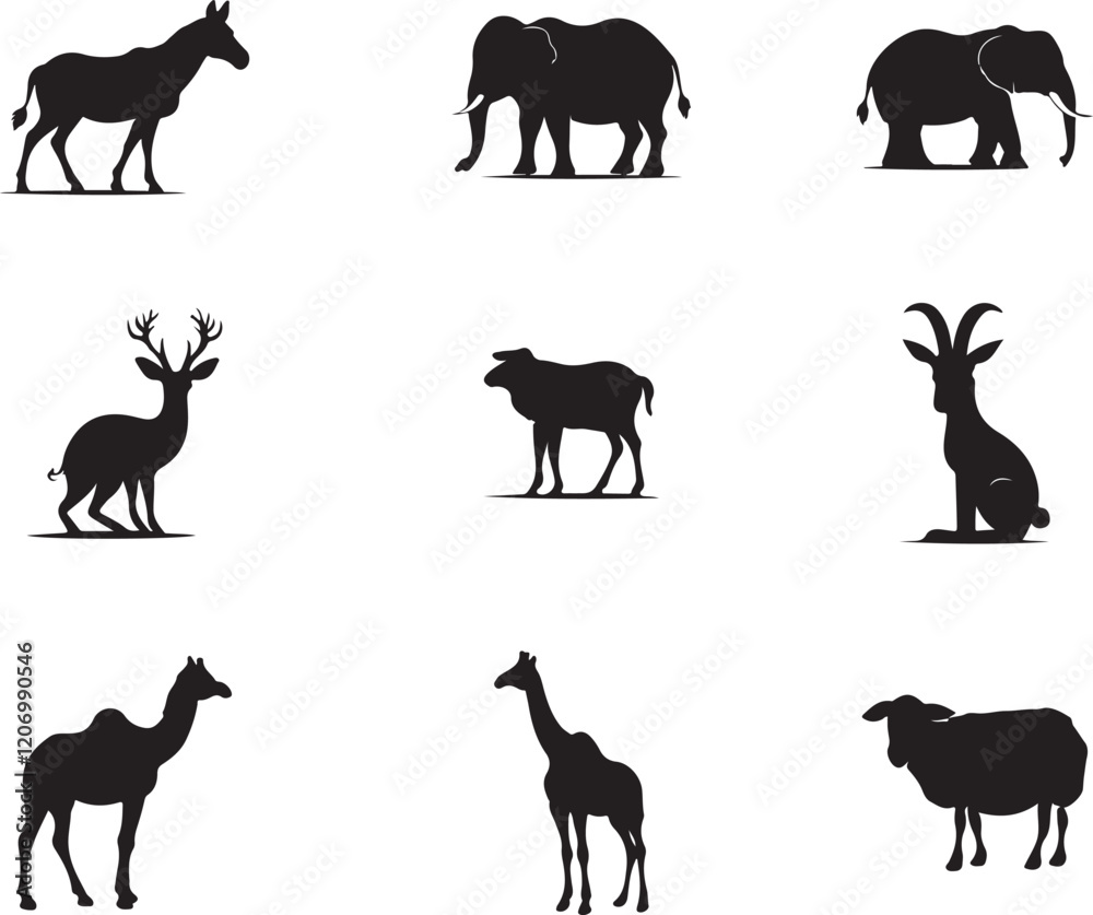 Fototapeta premium Flat Black Silhouette Wild Animals, Vector Illustration