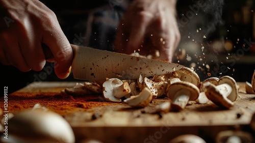 94.A dynamic shot of mushrooms being sliced on a wooden cutting board by a cookâ€™s hands, with close attention to the texture of the knife blade, the wooden surface, and scattered spices around the photo