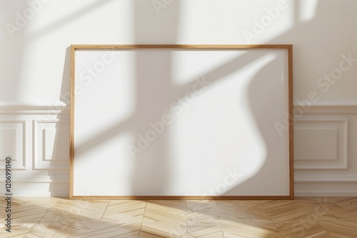 Blank wooden frame mockup on light beige parquet floor with minimal decor