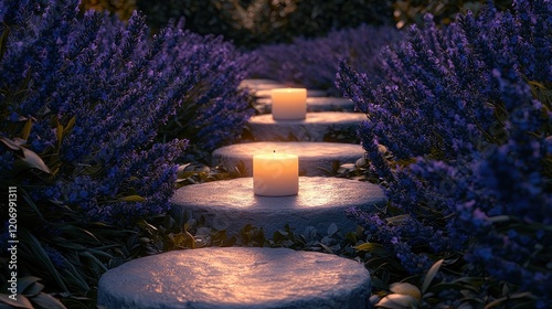 A peaceful pathway lined with lavender blooms, a glowing candle placed in the center of a rustic stone circle, creating a meditative and calming vibe under the warm glow of dusk. photo