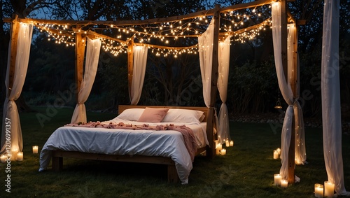 luxury hotel room . A cozy outdoor bed is draped with sheer curtains and string lights.