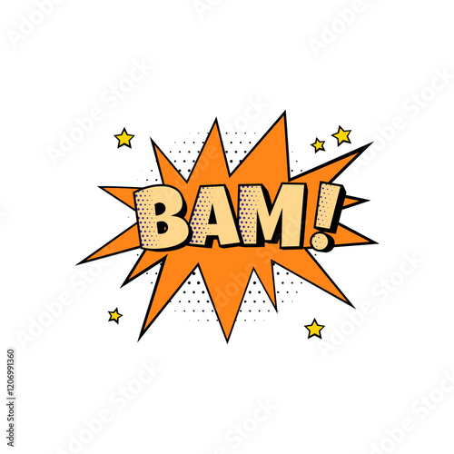 Cartoon comic speech bubble with dotted pattern, stars, BAM word expression sound explosion effect, vector chat message