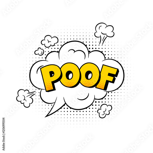 Cartoon comic speech bubble cloud shape with dotted pattern, POOF word expression sound effect vector chat message frame
