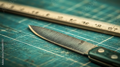 18.A macro shot of an exacto knife blade resting on a green cutting mat, with the metal ruler aligned perfectly beside it, the grid lines of the mat providing a geometric backdrop. photo