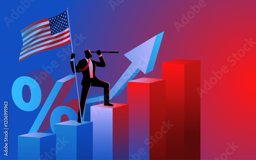 Businessman standing atop a rising graph chart, holding the American flag while looking through a telescope. Symbolizes vision, growth, analyzing and future success in the U.S. economy