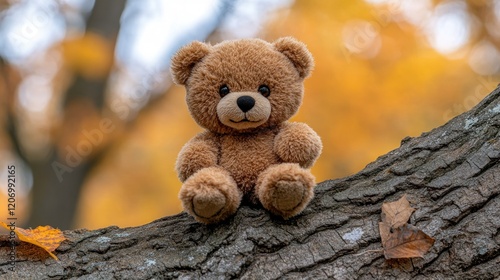 Teddy bear autumn tree branch nature background