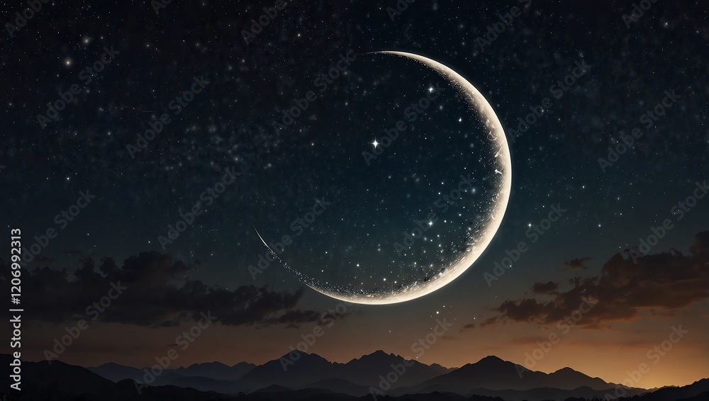 moon and stars . A crescent moon shines bright against a starry night sky.