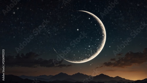 moon and stars . A crescent moon shines bright against a starry night sky. 