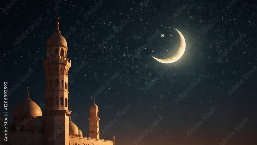 A digital image features a mosque silhouetted against a night sky with a crescent moon and stars