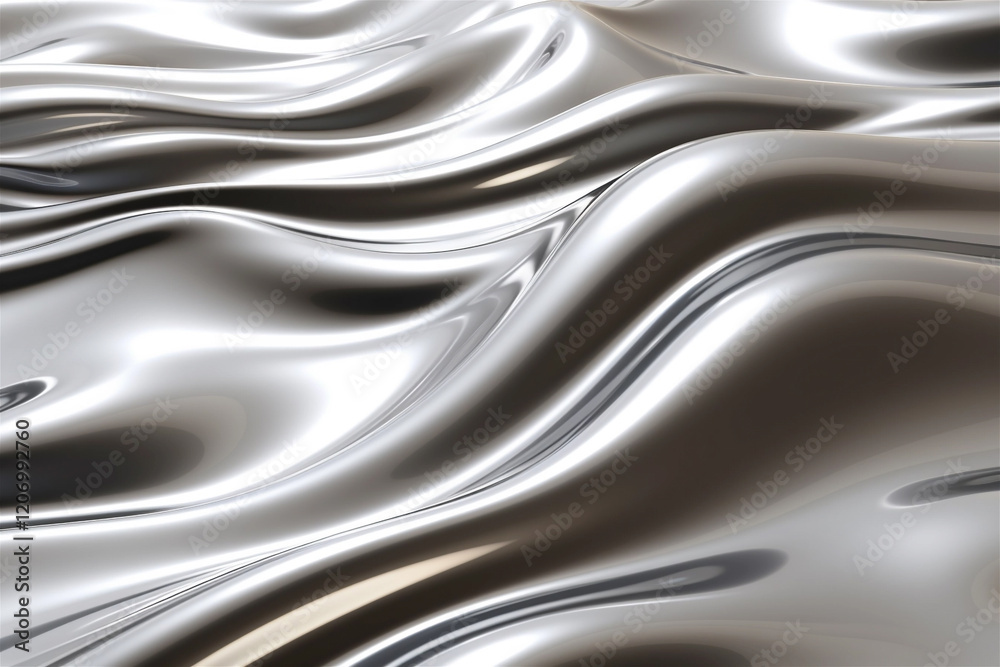 Chrome liquid silver background. Abstract metal texture with waves. Silver color chrome morphism pattern, steel reflection design, aluminum shiny illustration
