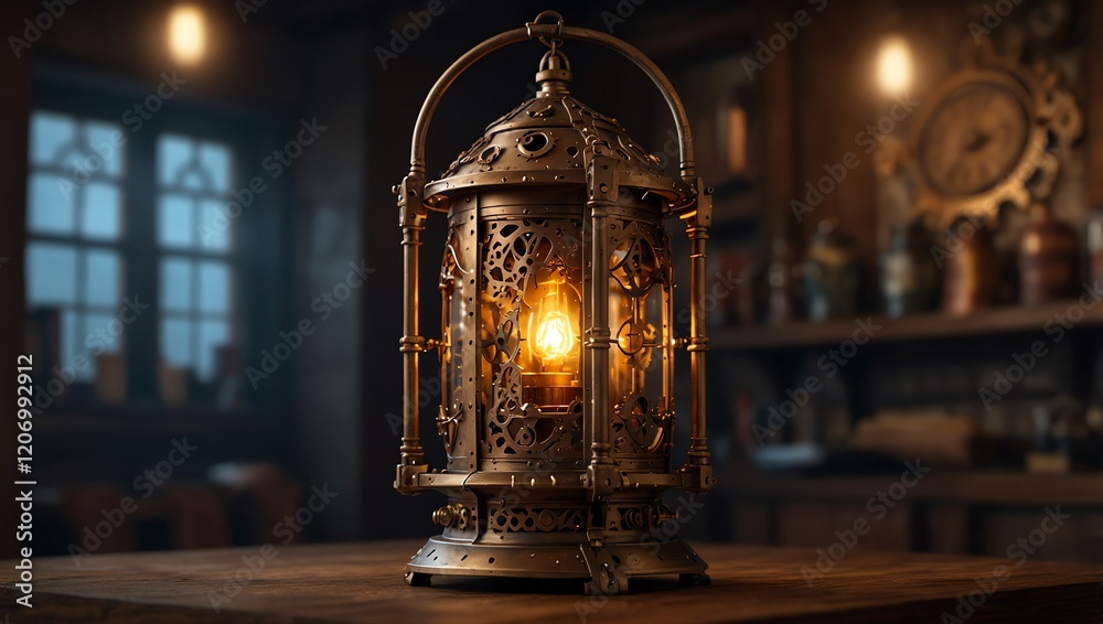A lit, ornate lantern sits on a table, its light a focal point.