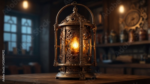 Obraz na płótnie A lit, ornate lantern sits on a table, its light a focal point. w salonie