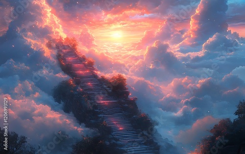 Dreamy Stone Steps to Heaven in Glowing Clouds