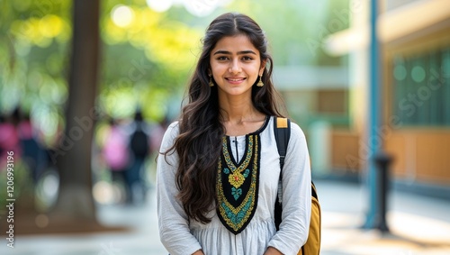 young indian college girl standing at college campus photo