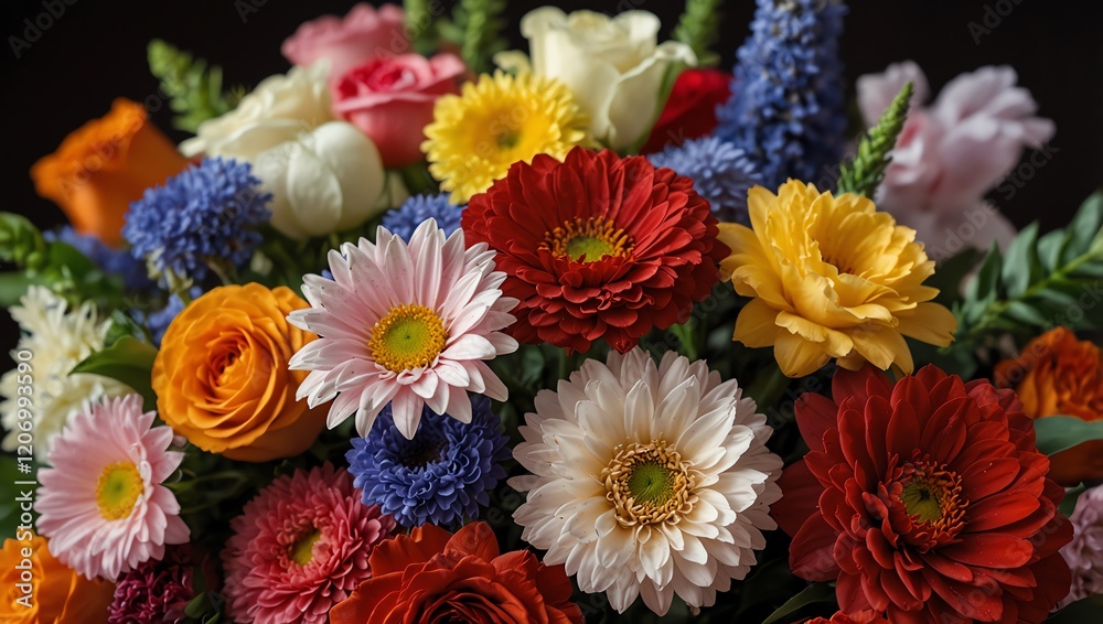 Bunch of flowers . A bright bouquet of gerbera daisies, roses, and other flowers, in a variety of colours.
