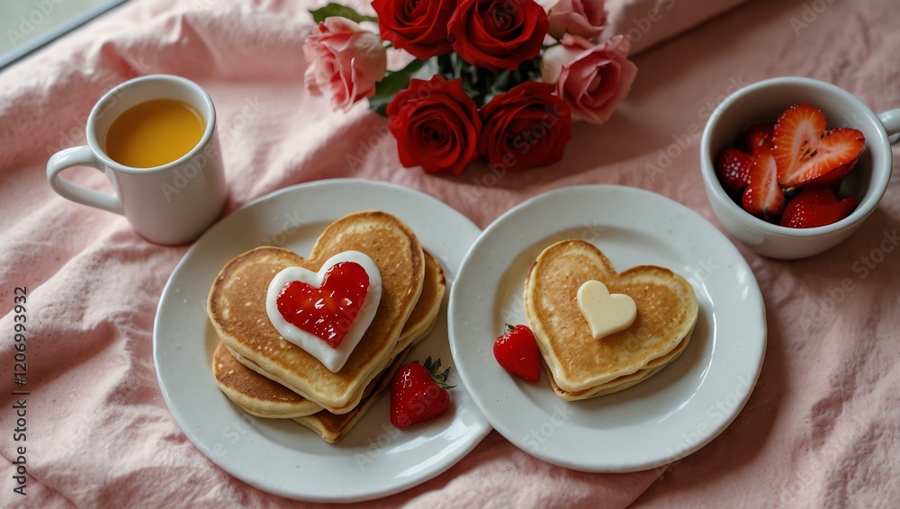 Tea and cookies . A heart shaped pancake breakfast, including a cup of juice, bowl of strawberries, and a bouquet of roses.