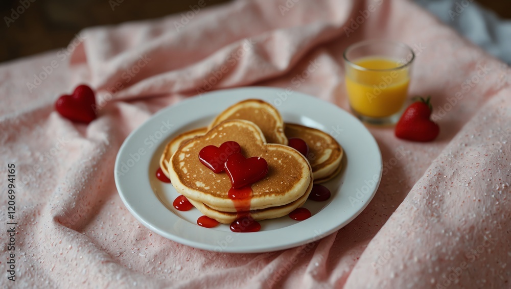 Heart shaped cookies . A heart-shaped pancakes with strawberry sauce on a white plate, accompanied by orange juice and heart decor on a pink cloth.