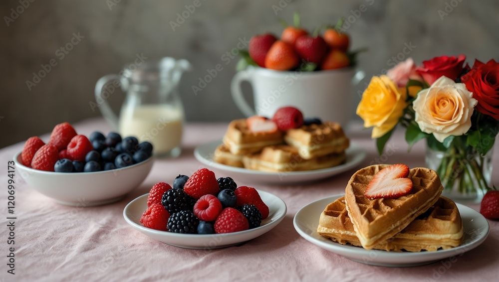 Cake with strawberries . A bright, high angle shot showcases a breakfast spread with waffles, berries, and roses.