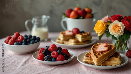 Obraz na płótnie Cake with strawberries . A bright, high angle shot showcases a breakfast spread with waffles, berries, and roses. w salonie