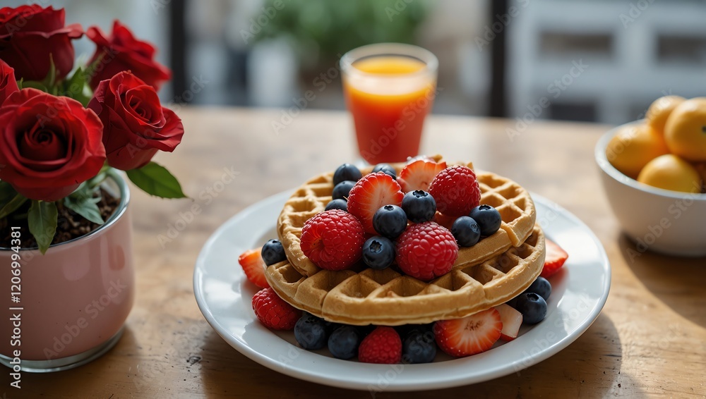 Cake with strawberries . Two waffles topped with berries and strawberries sit on a white plate. A glass of orange juice and a pot of red roses are also on the wooden table.