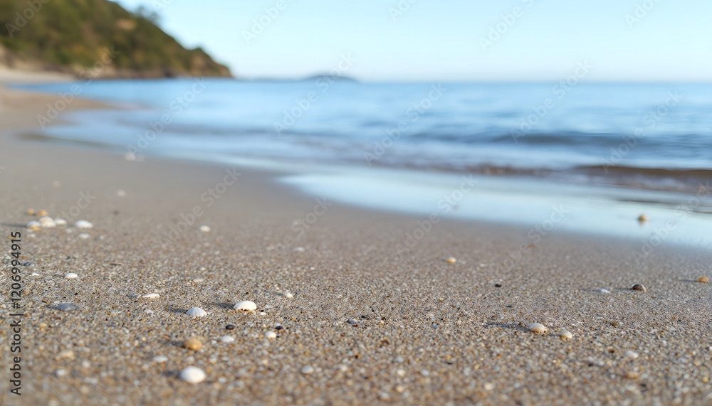 Sandy Beach Seashells Calm Ocean Waves Scenic View Sandy Beach Seashells Calm Ocean Waves Scenic View