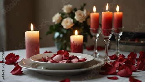 A romantic table setting is arranged with candles, roses, and scattered rose petals.
