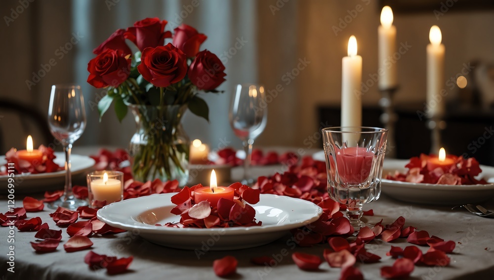 Christmas table setting . A romantic dinner setting with roses, candles, and rose petals