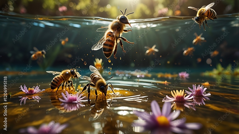 Naklejka premium Playful Scene Of Bees Dipping Flowers Into A Magical River Of Honey