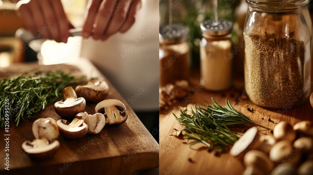 95.A warm kitchen scene featuring a cook preparing mushrooms on a cutting board, with herbs like rosemary and sage artfully placed alongside small spice containers, emphasizing a fresh, organic feel. 95.A warm kitchen scene featuring a cook preparing mushrooms on a cutting board, with herbs like rosemary and sage artfully placed alongside small spice containers, emphasizing a fresh, organic feel.