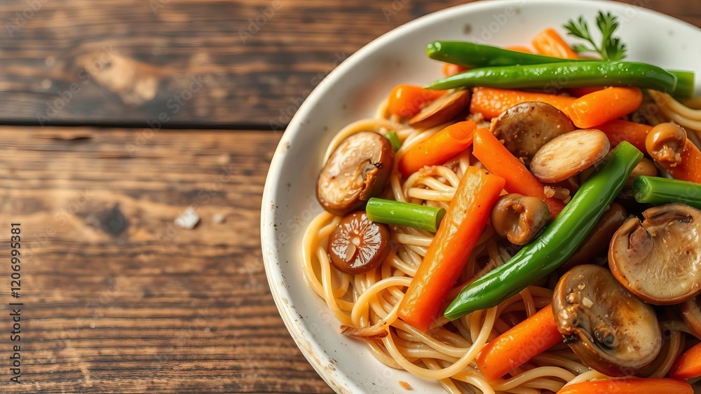 Asian noodles with pork in teriyaki sauce, green beans, carrots and shiitake mushrooms on a white plate, asian, noodles, dish Asian noodles with pork in teriyaki sauce, green beans, carrots and shiitake mushrooms on a white plate, asian, noodles, dish