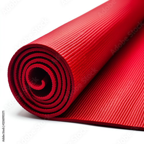 A vibrant red yoga mat rolled up, perfect for fitness enthusiasts and those practicing mindfulness and yoga.