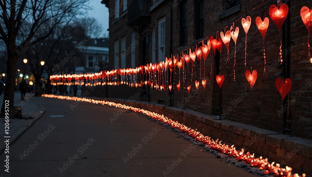 A photo of a dark street decorated with rows of lit heart lanterns and candles, evoking a romantic or celebratory atmosphere.