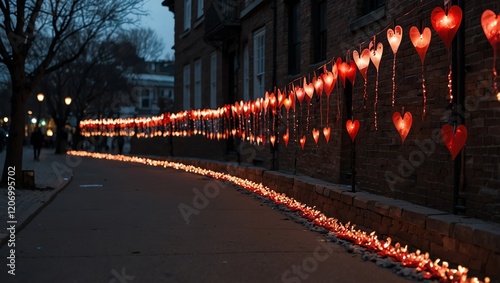 A photo of a dark street decorated with rows of lit heart lanterns and candles, evoking a romantic or celebratory atmosphere.