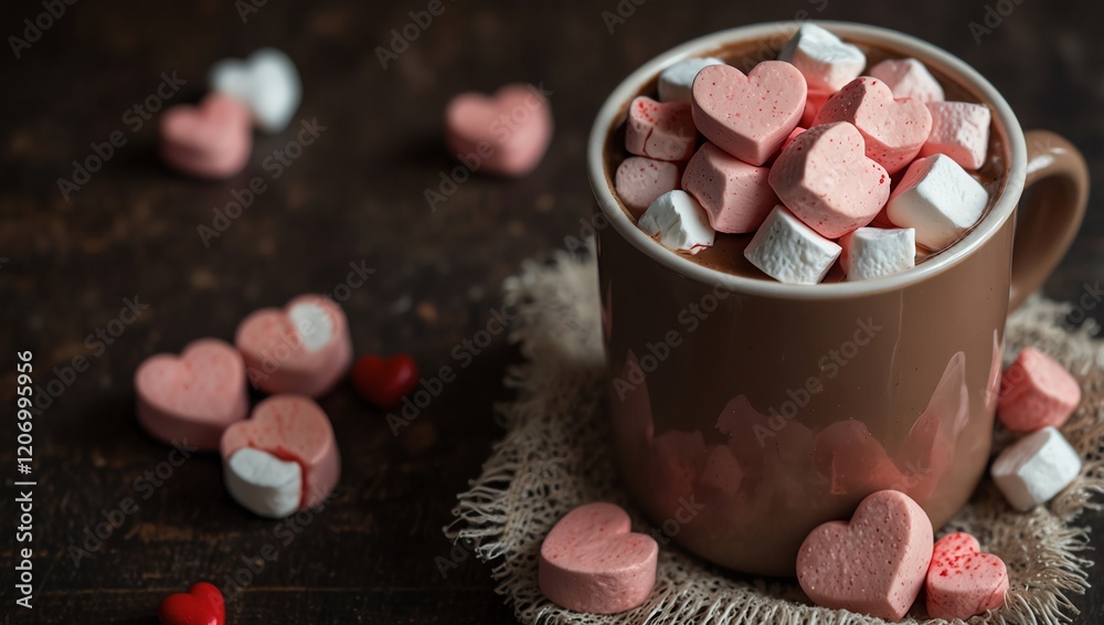 Cup of heart shaped chocolate . A close-up photo displays a mug full of hot chocolate topped with heart-shaped marshmallows