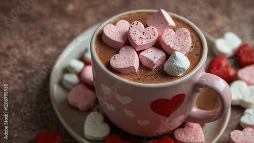 Obraz na płótnie A mug of hot chocolate with heart-shaped marshmallows is shown. w salonie