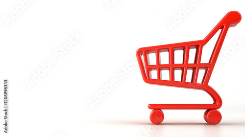 A vivid red shopping cart against a minimalistic white background, symbolizing modern consumerism and retail experiences. photo