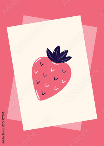 Valentine's Day Card with Pink strawberry in frame. Simple cute greeting card on pink background. Vector illustration.