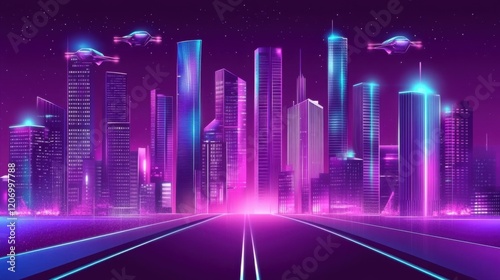 Futuristic Cityscape with Neon Lights and Flying Drones Set Against a Starry Night Sky in Vibrant Purple and Blue Colors Ideal for Technology and Sci-Fi Themes