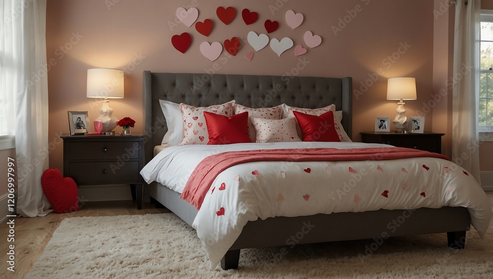 Bed in room . A cozy bedroom scene is shown